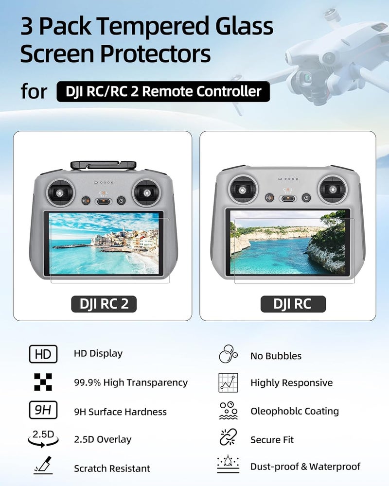 LKTOP Screen Protector+Joysticks for DJI 𝗥𝗖/𝗥𝗖𝟮 Remote Controller Accessories, 3 Set HD Tempered Glass Film Controller Sticks for DJI Mini 5 Pro/Mini 4 Pro, Mini 3/Mavic 3/Air 3 Series, Air 2S - Image 2